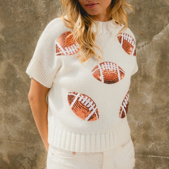 BIBI Football Sequin Knit Sweater White Short Sleeve Tailgate Game Day Top - Picture 6 of 11